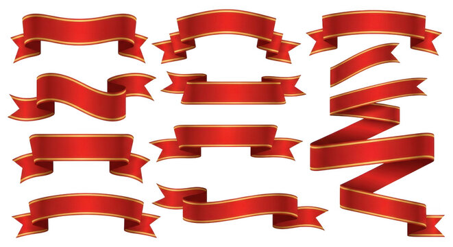 Collection of red and gold decorative ribbon banners on white isolated on transparent background