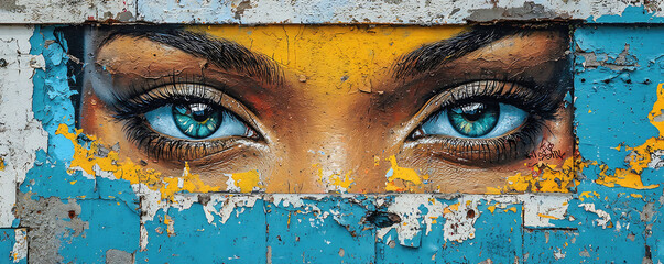 Close up of painted eyes on a weathered wall with peeling paint in shades of blue and yellow hues
