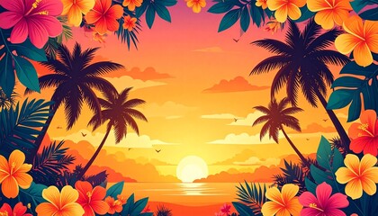 Obraz premium Vibrant Tropical Sunset with Palm Trees and Exotic Flowers Framing the Horizon