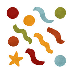 Colorful autumn-themed confetti, a festive watercolor design element for autumn-themed printing, children's prints, and decorations. Isolated