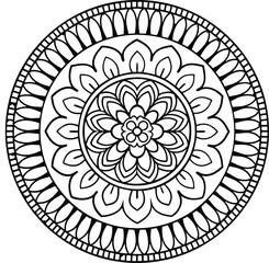 Elegant Line Art Mandala: Black and White Floral Geometric Design for Coloring Book or Meditation Art - Round Decorative Pattern Element              