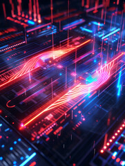 Futuristic data stream. High-speed light trails over cyber circuit board. Concept visualization for AI processing and digital technology.