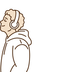 Minimalist drawing of hoodie-wearing individual with headphones—youth culture, music vibes, clean lines, profile silhouette, casual aesthetic, modern identity.