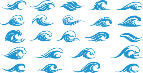 A large set of vector illustrations of blue waves, in different shapes and styles, for creative projects and design elements, isolated.