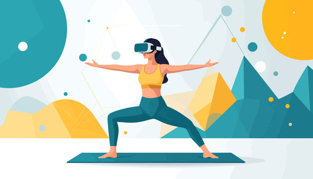 Woman in yoga warrior pose using a virtual reality headset for an immersive fitness workout. Futuristic wellness technology concept.