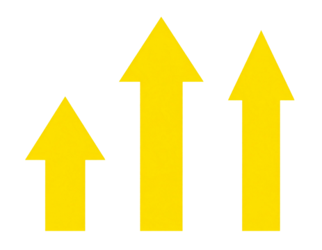 Three glossy yellow upward arrows in various styles