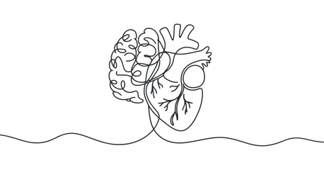 Continuous Line Art of Brain and Heart: Symbolizing Balance Between Intellect and Emotion in Design