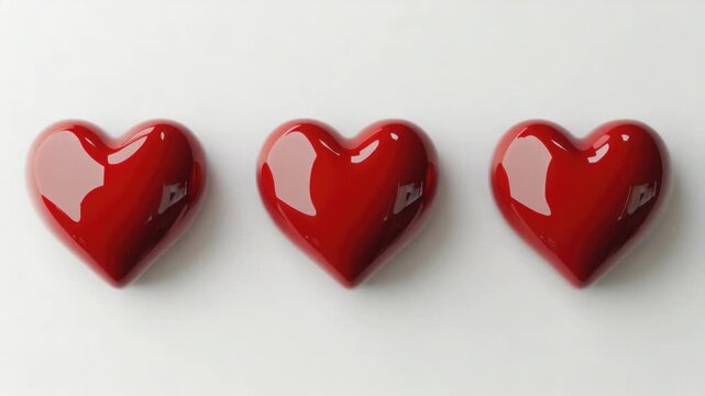 Three heart-shaped candies in a row, with the largest one in the middle.