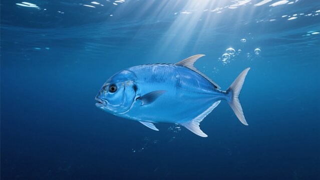 An electric blue fish swims solo in the open sea, catching sunlight in the tranquil blue.
