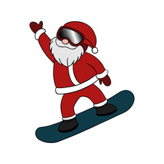Christmas time eve. Santa Claus on snowboard with great mood. Snowboarding in wintertime holidays. Festive fun and cute element collection 