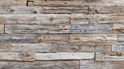 Naklejka premium Weathered wooden planks create a textured wall with an array of shades, revealing knots and grain patterns. This rustic backdrop emphasizes natural beauty and craftsmanship.
