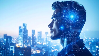 Futuristic Cybernetic Human Brain Integrated with Advanced Artificial Intelligence Systems Over Cityscape