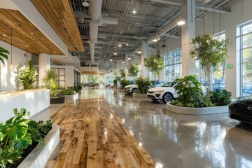 Spacious car dealership featuring large windows, wooden accents, and abundant greenery, creating a welcoming, modern atmosphere