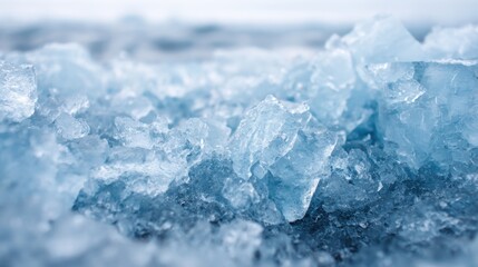 Beautiful blue ice formations rest on the ground, reflecting soft light. The icy scene captures the stillness and beauty of winter, creating a serene atmosphere.