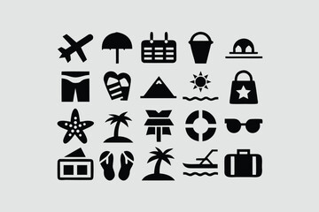 Holiday icon set. Containing vacation, plane, passport, hotel, palm tree, travel, beach, sunset, island and more. Solid vector icons collection.