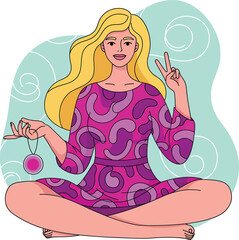 Blonde Hippie Woman Meditating in Purple Dress Showing Peace Sign Vector Illustration