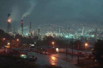 Smokestacks emit smoke while industrial lights shine brightly in a remote area at night during overcast weather