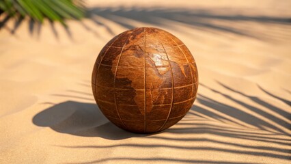 Vintage Brown Globe Sphere on Sandy Beach with Tropical Palms Casting Soft Shadows in Bright Sunshine