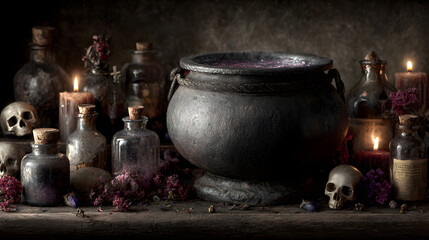 Still life of a witch's cauldron with bubbling potion on a fire with skulls and potion bottles around it