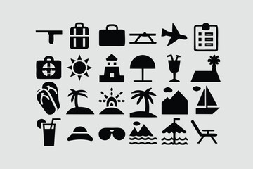 Holiday icon set. Containing vacation, plane, passport, hotel, palm tree, travel, beach, sunset, island and more. Solid vector icons collection.