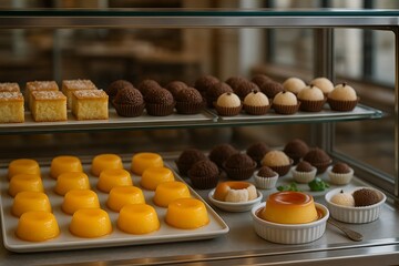 Traditional Brazilian desserts displayed in a bakery showcase with vibrant colors and soft lighting