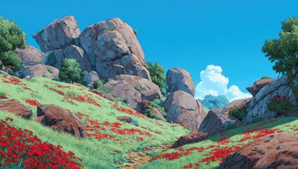 Lush hillside dotted with red flowers and large rocks under a vibrant sky