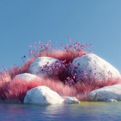 Pastel-colored rocks and flowers on water
