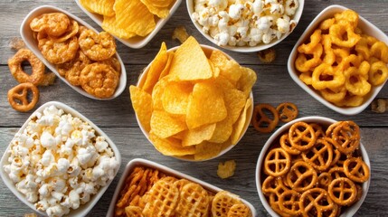 A colorful variety of snacks including potato chips, popcorn, pretzels, and cheese puffs arranged neatly on a rustic wooden table, perfect for a casual gathering or celebration.
