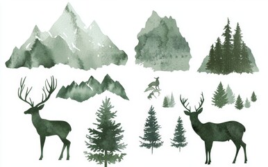 The scene is a watercolor illustration of a green forest with woodland pine trees and a mountain landscape, where a deer is present