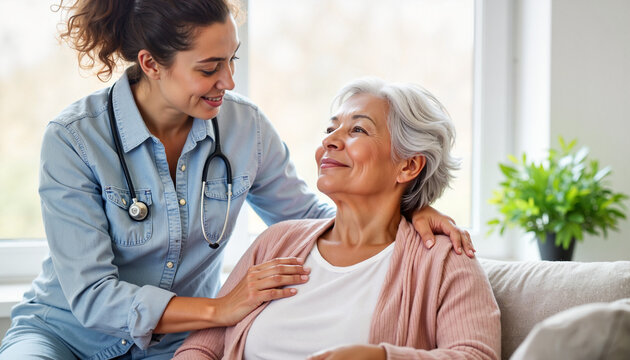 Compassionate caregiver comforting stroke patient at home, family support