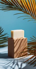 Creamy bar soap on a wooden pedestal, tropical setting