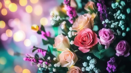 Fototapeta premium Colorful arrangement of roses in a soft focus background with lights
