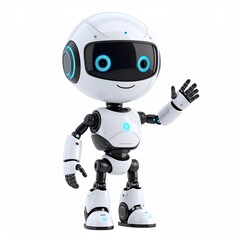Friendly little white robot waving hello in a digital futuristic world illustration