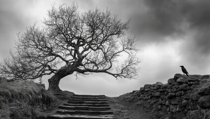 A grayscale landscape of a solitary tree