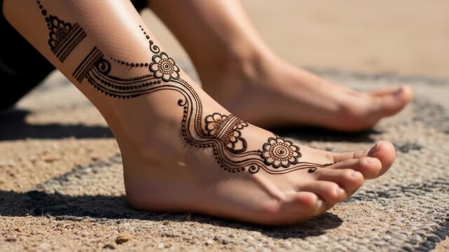 Intricate henna application on feet by seaside: artistry in motion with sand backdrop