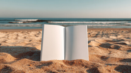 Blank magazine laid out on a sandy beach — perfect mockup for editorial or vacation-themed content. 