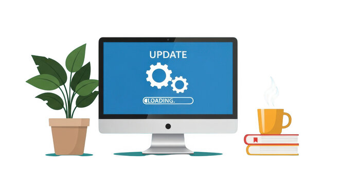 Computer screen showing an update loading process on a desk isolated on transparent background