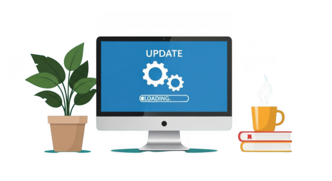 Computer screen showing an update loading process on a desk isolated on transparent background