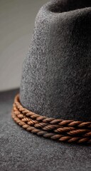 Close-up of a gray fedora with a braided brown band