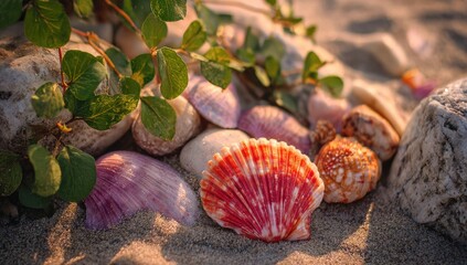Seashells and plants on sand at dawn