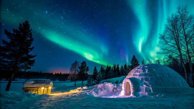 Magical aurora borealis shines over snowy igloo village at night