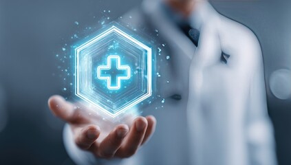 A doctor's hand holds a glowing medical symbol