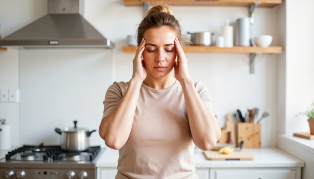 Woman experiencing headache in modern kitchen during the day, stress relief