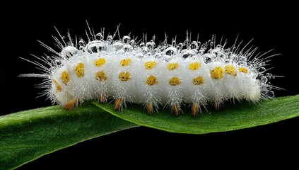 Close-up of a white caterpillar covered in dew drops