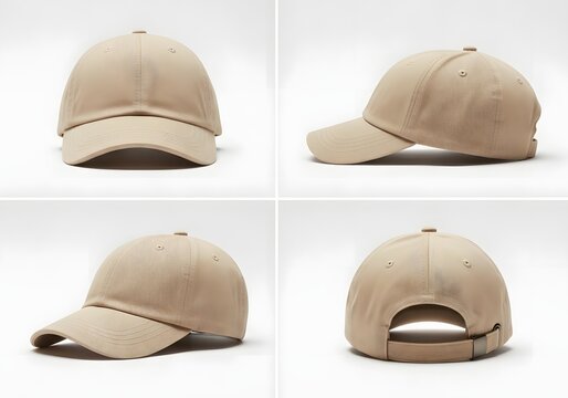 Beige baseball cap displayed from four different angles showcasing its design and features.