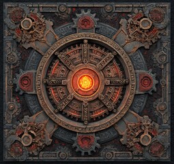 Fototapeta premium Elaborate mechanical design with glowing center, evoking steampunk or fantasy motifs