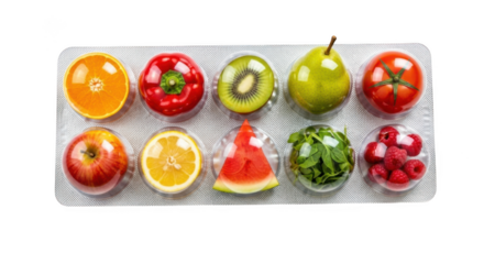 A blister pack of fresh fruits and vegetables isolated on transparent background