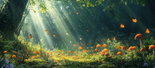 An enchanted forest serving as a digital painting background is depicted, complete with big fairytale-like trees and a plethora of vegetation