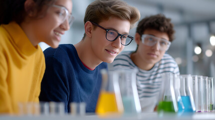 Group of diverse students engaged in a science experiment, observing colorful liquids in glass beakers, showcasing teamwork and curiosity in a modern laboratory environment