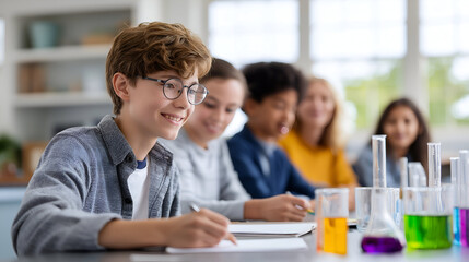 Young boy with glasses is engaged in a science experiment at a classroom table, surrounded by colorful beakers and classmates, showcasing collaborative learning and creativity